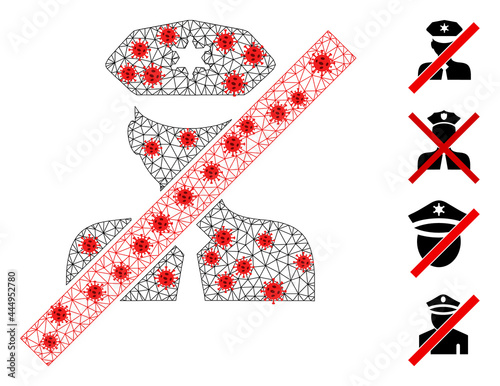 Net blacklisted policeman in infection style. Polygonal wireframe blacklisted policeman image in lowpoly style with organized linear items and red infection items.