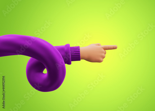 3d render, cartoon character spiral hand wears purple sweater, points forward, pointing finger, shows direction. Funny clip art isolated on green fluorescent background