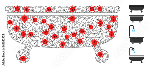 Polygonal Bathtub with outbreak style. Mesh carcass Bathtub image in lowpoly style with structured linear items and red covid items. Vector model is created from Bathtub with coronavirus items.