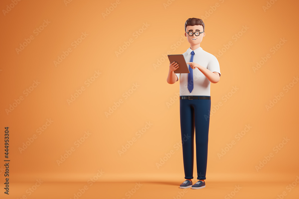Happy cartoon businessman character with digital tablet computer stand over yellow background. Happy cartoon businessman character with digital tablet computer stand over yellow background.