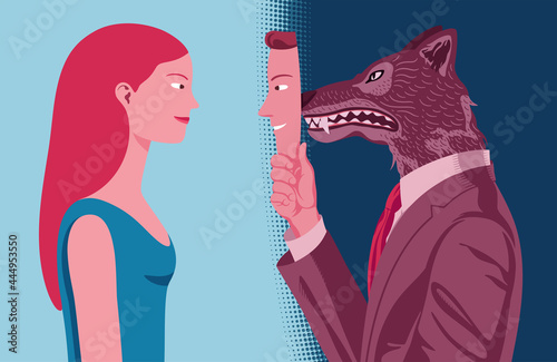 Vector profile portrait of man who hides his aggressive nature from a woman behind a mask of apparent kindness. Business man who pretends to be friendly. 