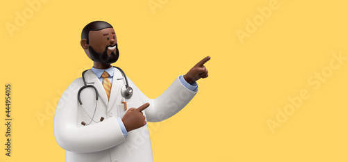 3d render. Doctor african cartoon character shows right, gives recommendation. Clip art isolated on yellow background. Professional advice