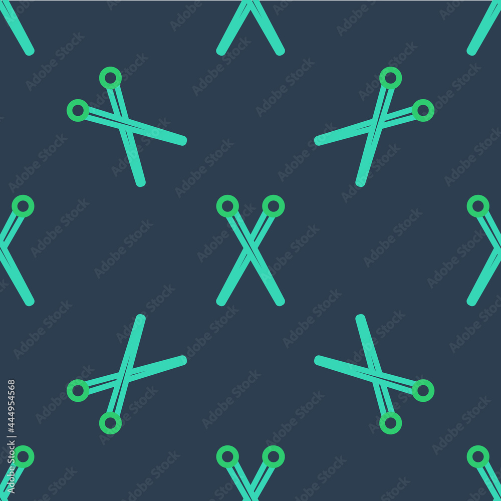 Line Knitting needles icon isolated seamless pattern on blue background. Label for hand made, knitting or tailor shop. Vector