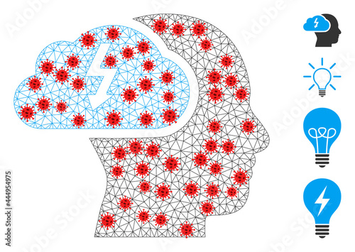 Mesh brainstorming with lockdown style. Mesh carcass brainstorming image in lowpoly style with combined linear items and red coronavirus items.
