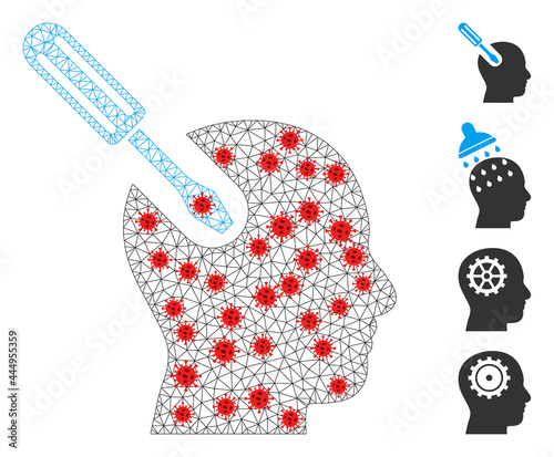 Polygonal brain tool in lockdown style. Polygonal wireframe brain tool image in low poly style with structured linear items and red coronavirus elements.