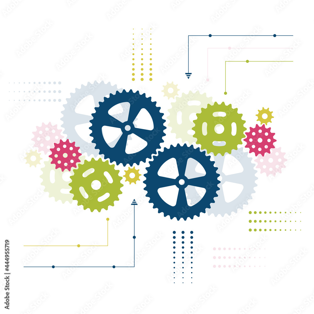 Abstract techno background with color gear wheels. Vector illustration of gear mechanism.