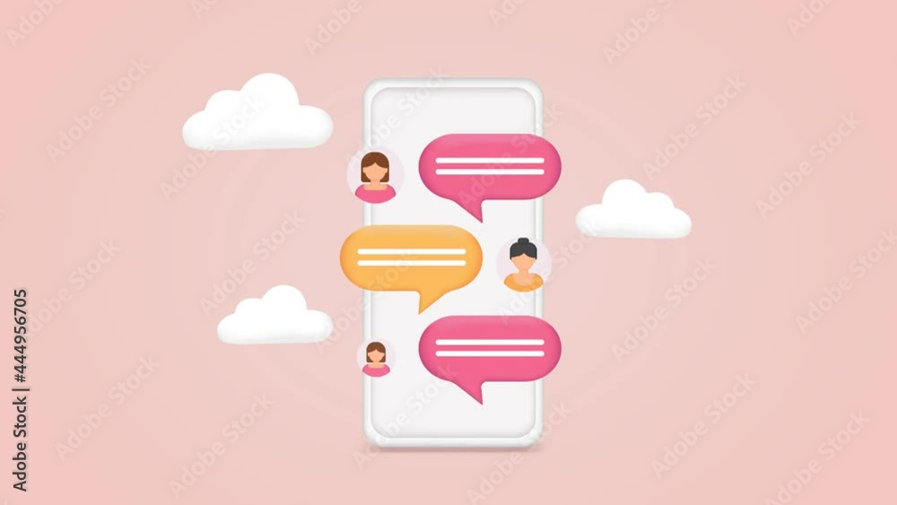 Phone with chat. Sms on mobile phone screen. Messaging using chat app or social network. 3D Web Video. Concept web design, website page development. Web banner