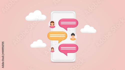 Phone with chat. Sms on mobile phone screen. Messaging using chat app or social network. 3D Web Video. Concept web design, website page development. Web banner