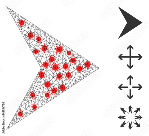 Polygonal arrowhead right with outbreak style. Polygonal wireframe arrowhead right image in lowpoly style with organized linear items and red coronavirus items.