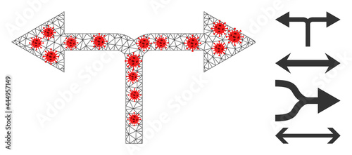 Polygonal bifurcation arrows left right with lockdown style. Polygonal carcass bifurcation arrows left right image in lowpoly style with organized linear items and red covid nodes.