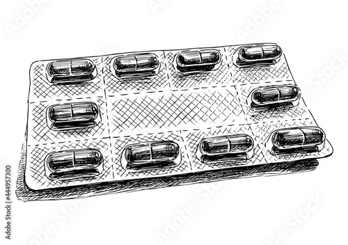 Sketch of transparent medical blister with pills