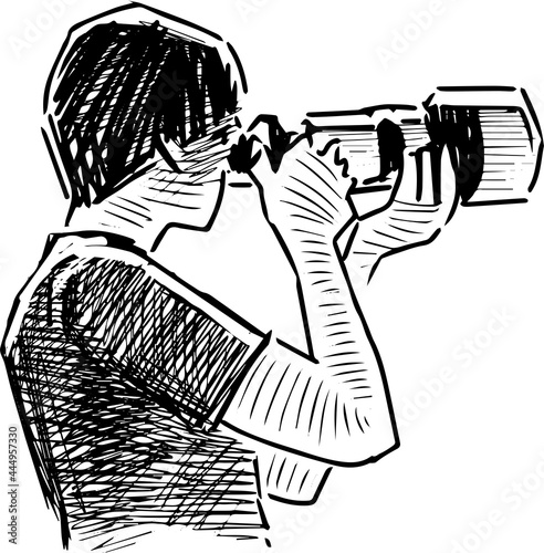 Sketch of young man taking picture on his camera