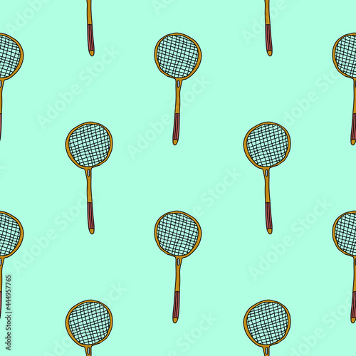 Cute doodle tennis or badminton racket seamless pattern. Game or hobby background. Sport equipment. 