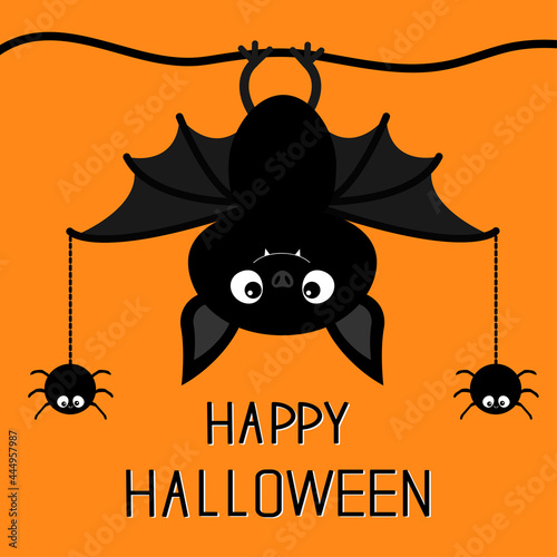 Happy Halloween. Cute hanging bat, spider on dash line web. Cartoon kawaii funny baby animal charater. Greeting card. Flat design. Orange background. Isolated.