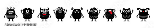 Monster set icon line banner. Happy Halloween. Kawaii cute cartoon baby character. Funny face head body black silhouette. Hands up, horn, eyes fang teeth tongue. Flat design. White background.