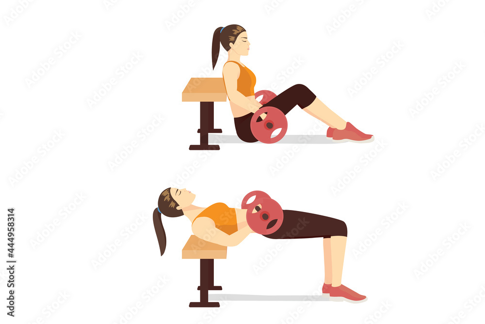 Sport woman doing Hip Thrust With A Barbell and Bench in 2 steps