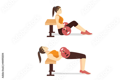 Sport woman doing Hip Thrust With A Barbell and Bench in 2 steps. Exercise diagram about a challenging workout with Heavyweights Barbell.