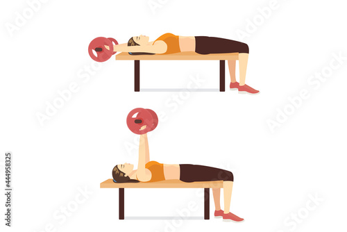 Sport woman doing the Barbell Pullover exercise on Bench in 2 steps. Fitness diagram about a very challenging workout with exercise equipment.