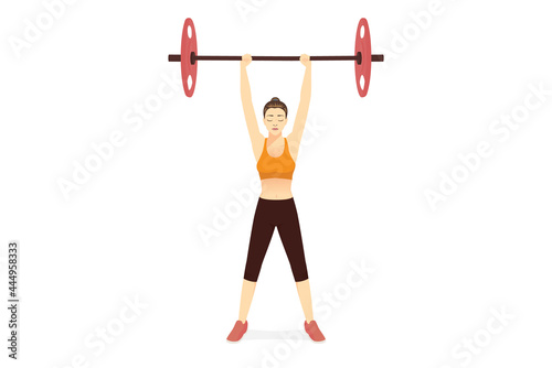 Women doing barbell overhead press exercise in standing pose. Illustration about Fitness diagram about correct exercise poses with Heavyweights equipment in the gym.