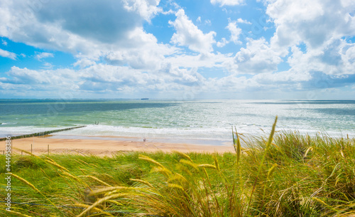 Sunlit waves on the yellow sand of a sunny beach along the North Sea illuminated by the light of a colorful sun and a blue cloudy sky in summer  Walcheren  Zeeland  the Netherlands  July  2021 