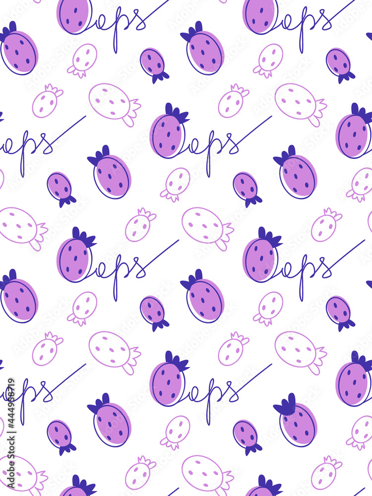 Doodle purple seamless pattern with strawberry spots and outline oops lettering. Strawberry fruit stylized for textile, cover, background, menu vector illustration Doodle purple seamless pattern with strawberry spots and outline oops lettering. Strawberry fruit stylized for textile, cover, background, menu vector illustration