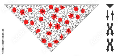 Net arrowhead down with infection style. Mesh carcass arrowhead down image in lowpoly style with connected lines and red covid elements.