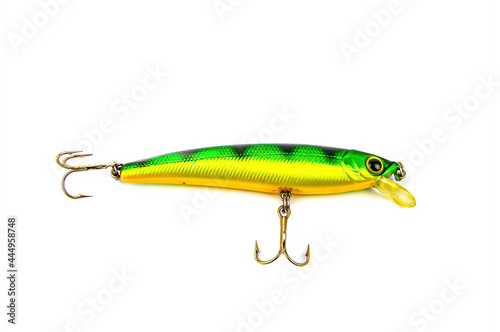 Wobbler bait for fishing with spinning. Tackle for spinning. Fishing hook. Artificial fish. Fisherman's tool. Bait. White background.
