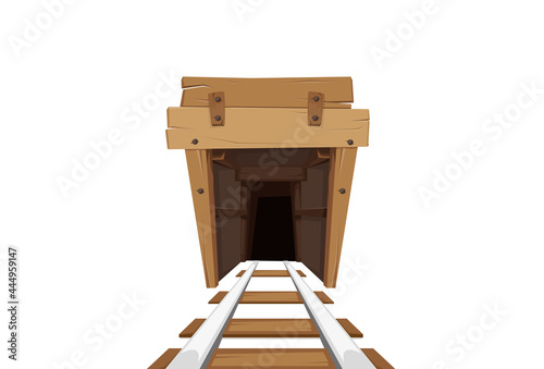 Railroad mine entrance tunnel in cartoon style on white background. Isolated illustration vector