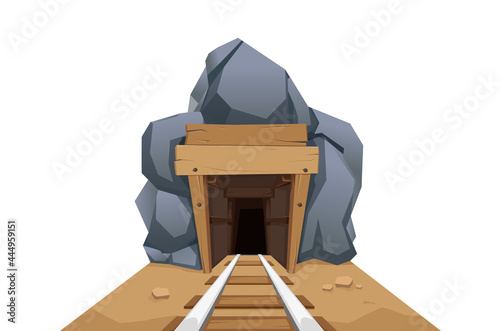 Mine with rocks and railroad is on a white background. Vector design in cartoon style