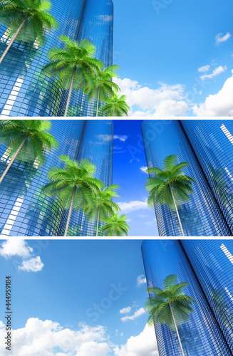 Perspective and underside angle view to textured background of modern glass building skyscrapers over blue cloudy sky