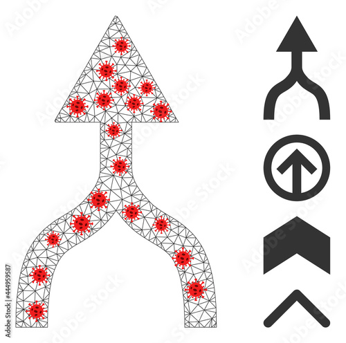 Polygonal combine arrow up using infection style. Polygonal carcass combine arrow up image in lowpoly style with combined lines and red infection nodes.