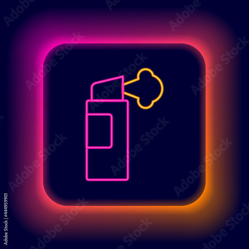 Glowing neon line Pepper spray icon isolated on black background. OC gas. Capsicum self defense aerosol. Colorful outline concept. Vector