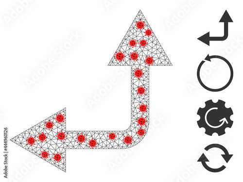 Net bifurcation arrow left up with infection style. Polygonal carcass bifurcation arrow left up image in lowpoly style with connected linear items and red infectious items.