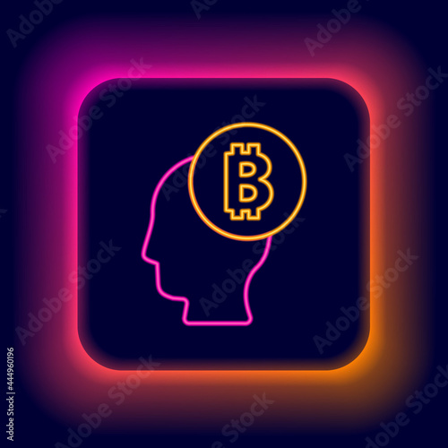 Glowing neon line Bitcoin think icon isolated on black background. Cryptocurrency head. Blockchain technology, digital money market, cryptocoin wallet. Colorful outline concept. Vector