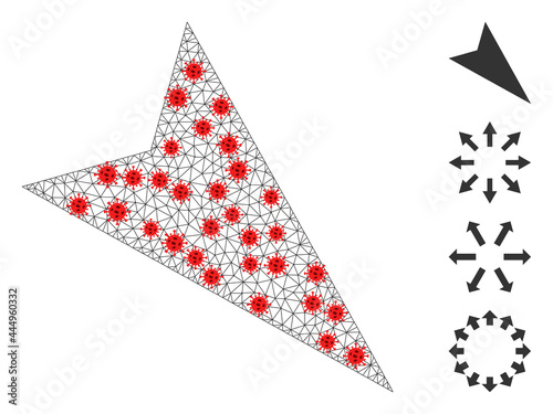 Net arrowhead right-down with infection style. Mesh carcass arrowhead right-down image in low poly style with combined linear items and red coronavirus items.