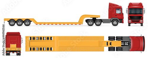 Lowboy trailer truck vector mockup on white for vehicle branding, corporate identity. View from side, front, back and top. All elements in the groups on separate layers for easy editing and recolor