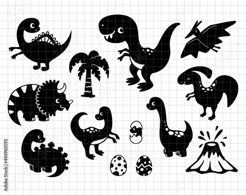 Funny dinosaurs cartoon clip art. Silhouette vector flat illustration. Cutting file. Suitable for cutting software. Cricut, Silhouette