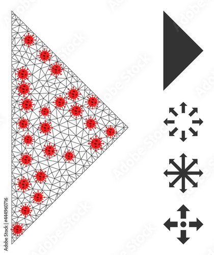 Polygonal arrowhead right in lockdown style. Polygonal carcass arrowhead right image in low poly style with organized linear items and red coronavirus centers.
