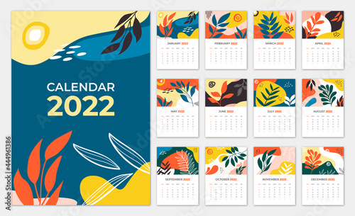 Calendar design template for 2022 with colorful abstract art background.  Wall calendar planner for the new year. Landscape leaves art background with autumn concepts. vector illustration 