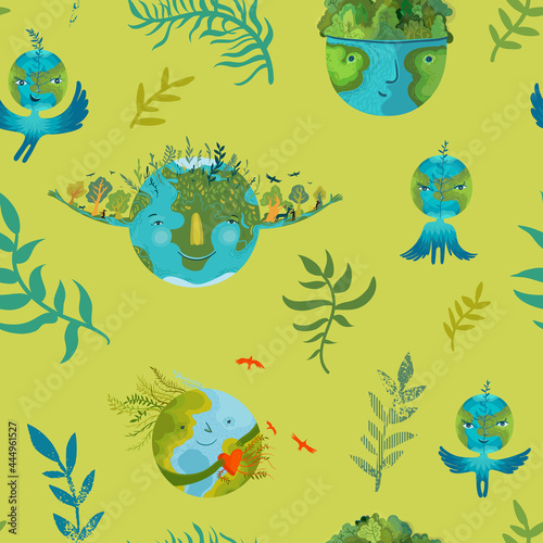 Vector ecological seamless pattern with cute planet Earth