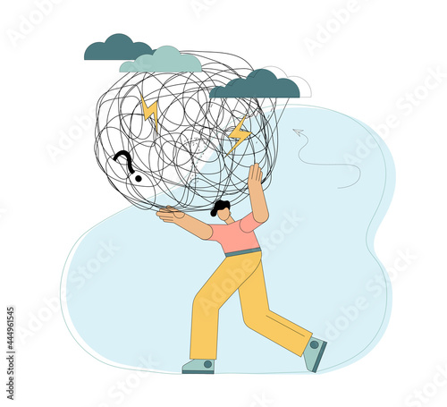 The person carries the burden of stress. Heavy burden on the shoulders. Difficulties, anxiety, crisis, work overload, big responsibility. Vector flat illustration on white background