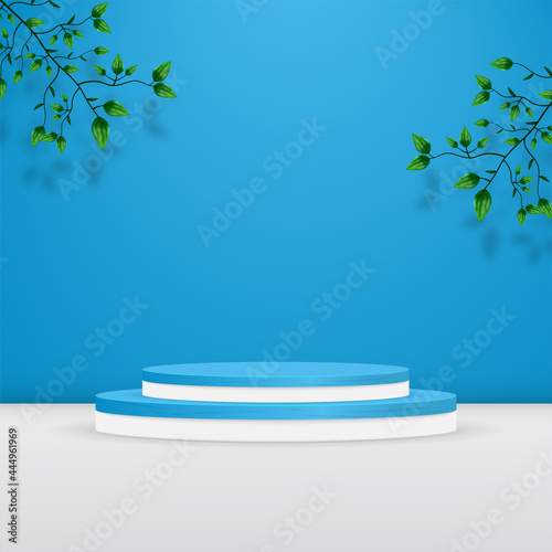textured product podium backdrop with leaves on blue wall