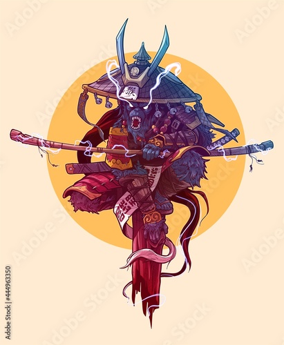 Cartoon angry monkey king character. Japanese samurai in traditional armor and hat with katana sword and lightnings. Colorful vector on yellow background.