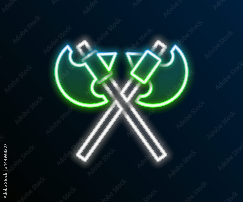 Glowing neon line Crossed medieval axes icon isolated on black background. Battle axe, executioner axe. Medieval weapon. Colorful outline concept. Vector Glowing neon line Crossed medieval axes icon isolated on black background. Battle axe, executioner axe. Medieval weapon. Colorful outline concept. Vector