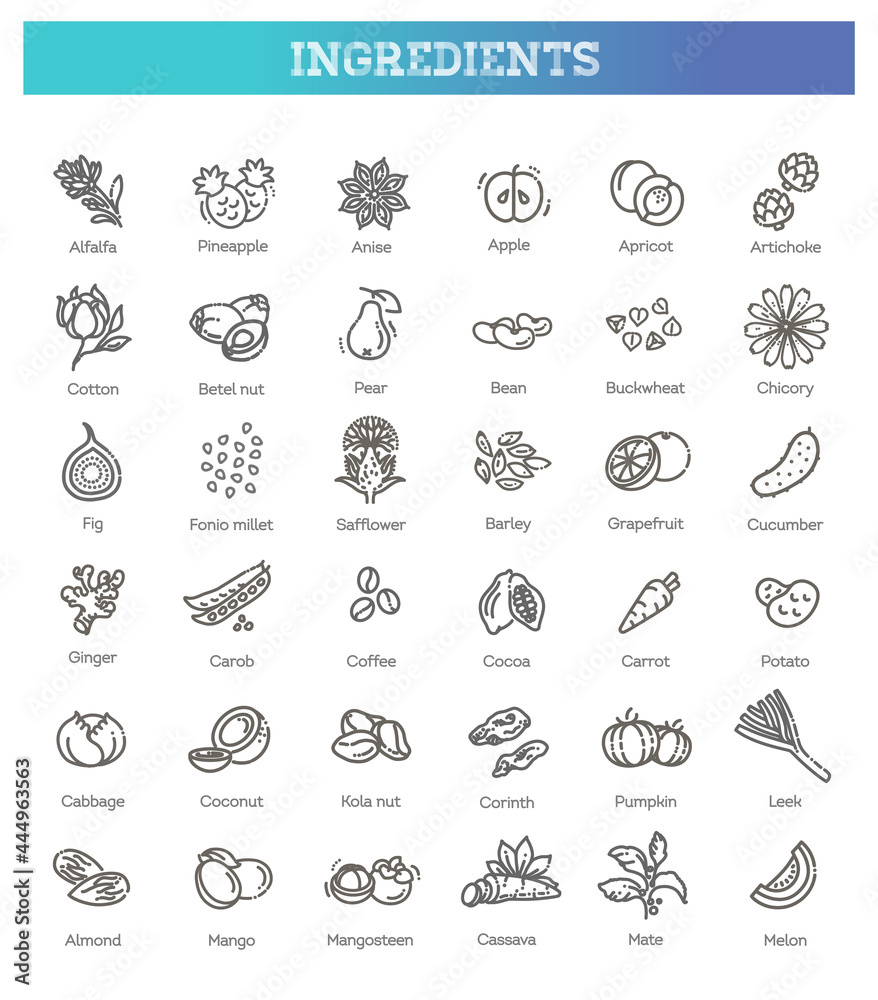 Vegetables and fruit thin line icon set. Vector ingredients Vegetables and fruit thin line icon set. Vector ingredients