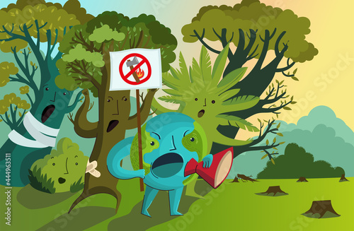 Vector illustration of Protest against deforestation, massive fires, destruction of the environment.