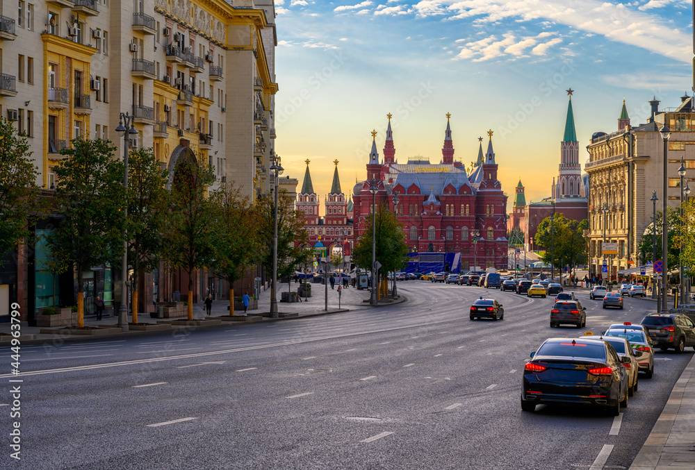 Fototapeta premium Tverskaya Street in Moscow, Russia. It is the main radial street of Moscow. Moscow architecture and landmark.