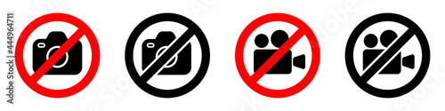 Set of no photographing prohibition and video signs. Photo, video, camera signs in crossed circle. Vector illustration.