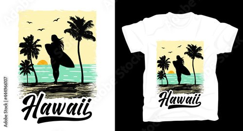 Beach surfing silhouette illustration with hawaii typography t-shirt design