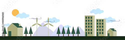 Illustration vectorielle d'une ville intelligente. Paysage sur le thème de l'écologie et de la protection de l'environnement. Ville et campagne avec des sapins et des éoliennes. 
